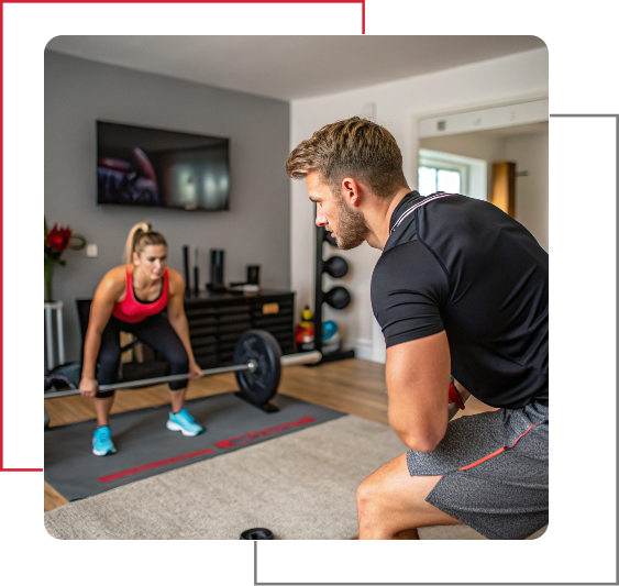 Personal trainer guiding client through home workout session