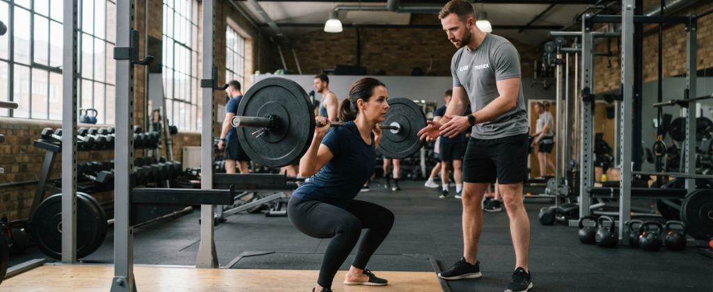 Personal trainer gym technique during squat gym training.