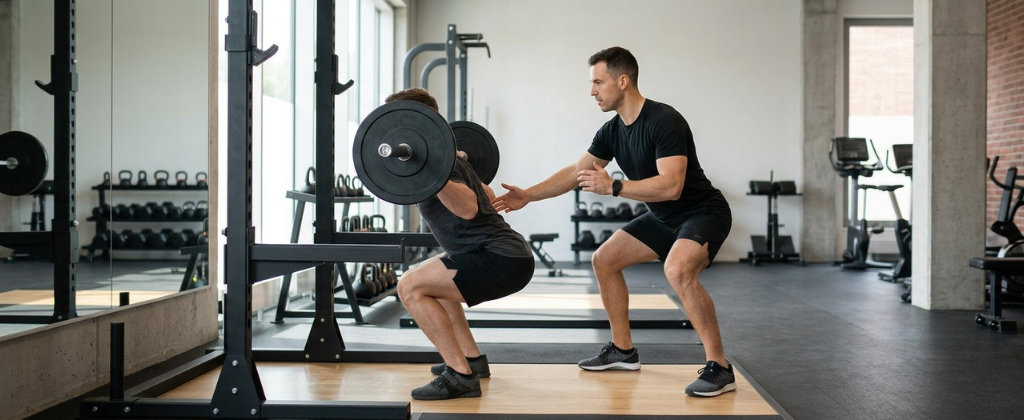 Personal trainer guiding a structured strength training session.