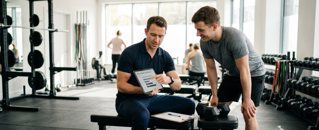 Trainer tracking strength training progress and workout performance.